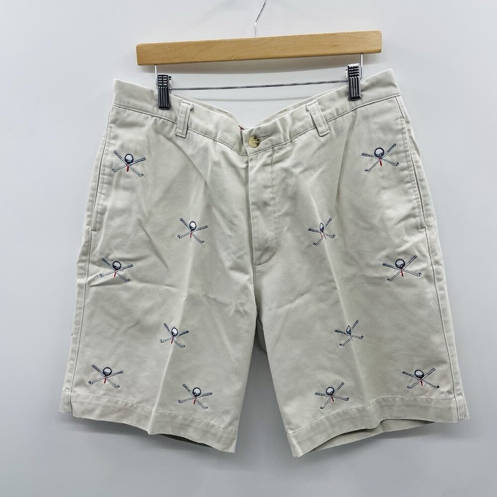 Berle Mens Size 36 Embroidered Golf Club Ball & Tee Flat Front‎ Khaki Shorts